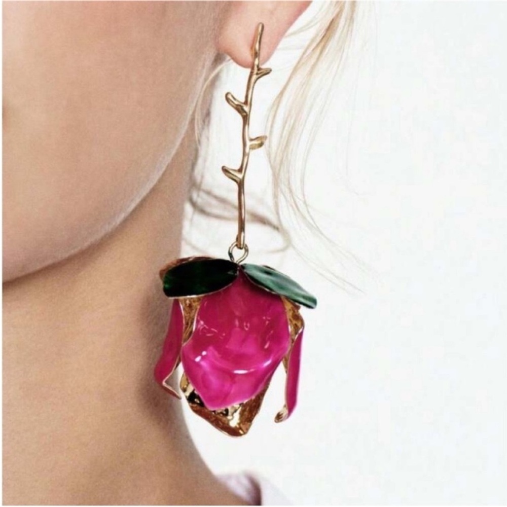 Zara Pink Rose Drop Earrings NWOT